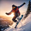 snowboarder in action on a snowy mountain slope during sunset