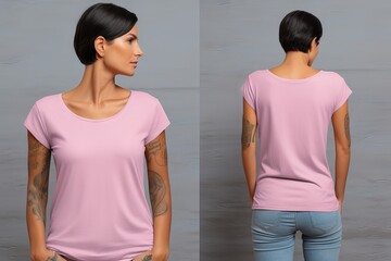 Wall Mural - Versatile plain pink t-shirt mockup with female model in photo studio - front and back views, clean and modern apparel template for designers and brands