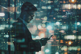 Fototapeta Zachód słońca - Double exposure silhouette businessman standing touching a smart phone