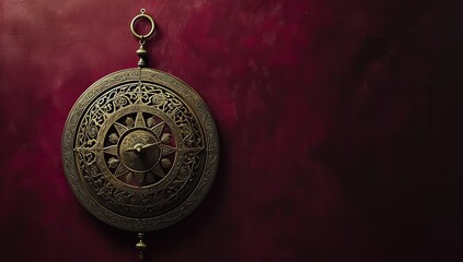 Antique astrolabe on a burgundy background. The concept of astronomy and navigation.