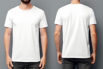 Wall Mural - Modern plain white t-shirt mockup template in photo studio setting with male model - front and back views, stylish apparel mockup for fashion brand presentation