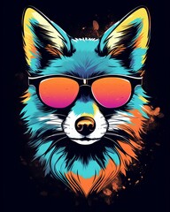 Wall Mural - Retro-style vector illustration of a fox in a circle with neon colors and a t-shirt design