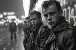 © Kostya - The monochrome photograph shows young men in leather jackets lined up on a city street. They are depicted in close-up, and their gaze conveys a mixture of thoughtfulness and ease.