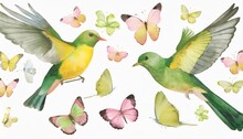 Watercolor Green And Yellow Birds And Pink Butterflies Vintage Set