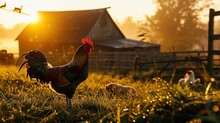 Beautiful Scene Of The Countryside With Dew On The Grass And A Rooster Crowing. Created With Generative Ai Technology.
