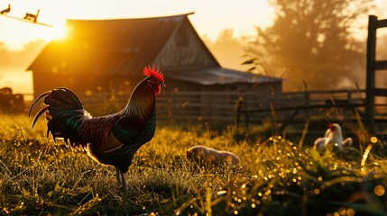 Beautiful scene of the countryside with dew on the grass and a rooster crowing. Created with Generative Ai technology.