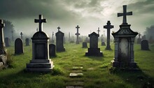 Old Scary Cemetery With Gravestones And Crosses Special For Halloween
