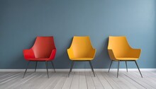 A Row Of Three Yellow Grey Red And Orange Chairs Against A Blue Wall They Are All The Same Style With Simple Modern Lines Beautiful Combination Of Bright Colors 