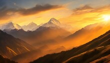 Painting Of Panoramic View Of Great Himalayan Range At Sunset With The Mountains Glowing In The Warm Light Of The Setting Sun