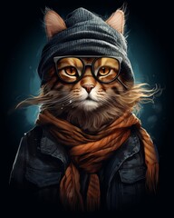 Wall Mural - Stylish cat in a hat, scarf, and glasses on a t-shirt design - computer art