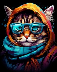  Stylish cat in a hat, scarf, and glasses on a t-shirt design - computer art