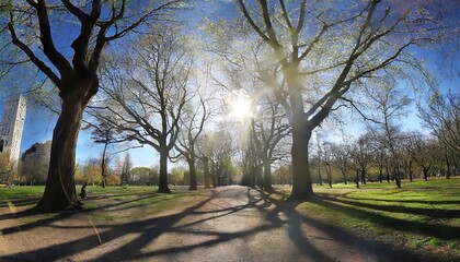 Sticker - sunshine through trees in empty city park