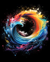 Wall Mural - Abstract art t-shirt design with colorful wave painting and paint splatters