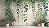Fototapeta  - art drawing of topical plants tree leaves lianas in pastel style photo wallpaper in the interior