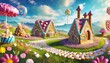  illustration of a sweet and magical world with candy land landscape and gingerbread fantasy house