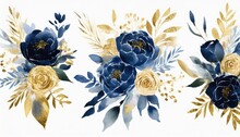 Watercolor Navy Blue Bouquet Gold Leaves Botanical Clip Art Drawing Peonies Roses Herbs Wedding Invitation Design