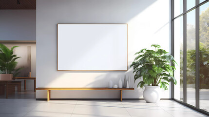 Wall Mural - A white sign in a lobby with a plant in the background and a large window in the background with a skylight