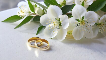 Wall Mural - white flowers and two golden wedding rings on white table