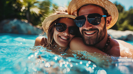 Wall Mural - Young couple wearing sunglasses, having fun and relaxing in resort swimming pool or sea. Summer holiday and vacations concept