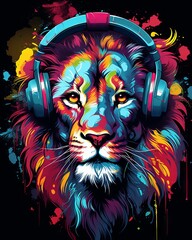 Wall Mural - Colorful and maximalist t-shirt design featuring a lion with headphones