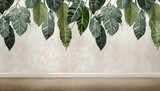 Fototapeta  - topical leaves hanging from the top large leaves art drawing on a texture background photo wallpaper in the room