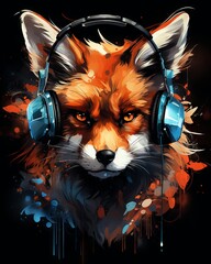 Wall Mural - T-shirt design featuring a furry fox with headphones listening to music, digital art in high definition