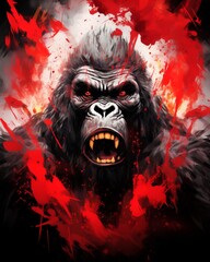 Wall Mural - Artistic gorilla t-shirt design with red paint splashes, suitable for 2d game art and poster art
