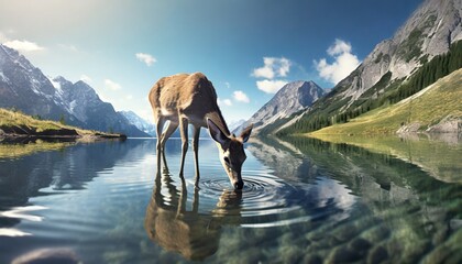 Wall Mural - young deer drinks water in a mountain lake