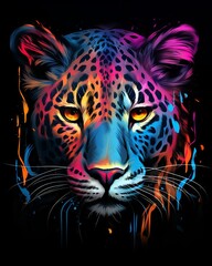 Wall Mural - Colorful airbrush painting of a leopard's face on a t-shirt design, computer art, 3d effect