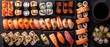 A diverse array of sushi and rolls artfully presented on a dark slate background