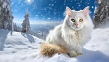 Beautiful White Fluffy Turkish Angora Cat On Snow Background