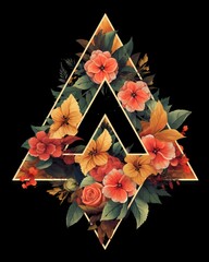 Wall Mural - Floral triangle t-shirt design - digital art of geometric abstract pattern with flowers and leaves