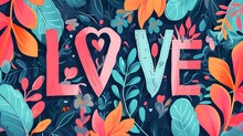 Illustration Of Love Lettering With Floral Elements On Dark Blue Background