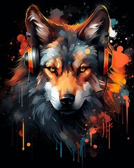 Sticker - Abstract wolf t-shirt design with headphones, digital furry artwork - angular style