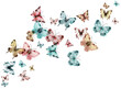 Watercolor spring background with butterflies. Digitally hand painted PNG transparent illustration.