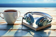 cup of coffee, old book and headphones on blue wooden background