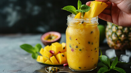 Wall Mural - Summer mango and pineapple smoothie. Fresh fruit yellow smoothie drink.
