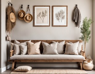 Wooden rustic bench with pillows against wall with two poster frames. Country farmhouse interior design of modern home entryway.