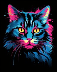 Wall Mural - Retro style t-shirt design with 80s cut cat and neon lights