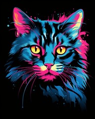 Poster - Retro style t-shirt design with 80s cut cat and neon lights