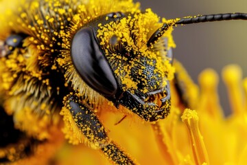 Wall Mural - Close-up photograph of a bee covered in yellow pollen
