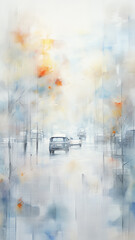 Wall Mural - high, narrow simple watercolor background, traffic in the city cars in gray light and blue tones