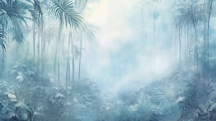 Wall Mural - watercolor background light green blue and white shades rainforest in the rainy season, abstract background