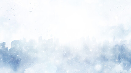 Sticker - abstract watercolor background snowfall, christmas view blurred blizzard light blue snowflakes on a white city background