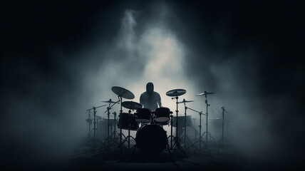 silhouette of a drummer behind a drum kit in a dark environment of stage lighting and fog