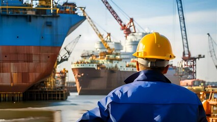 Wall Mural - A worker in the shipyard looking at a ship under construction