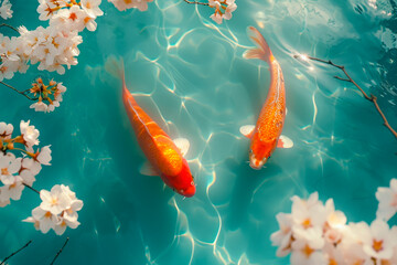 Koi fish swim artificial ponds with a beautiful background of blooming cherry tree