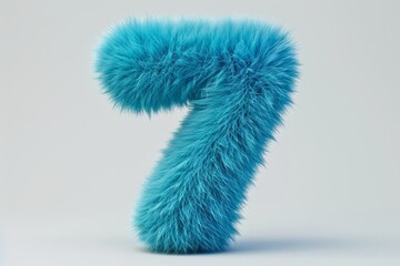 Cute blue number 7 or seven as fur shape, short hair, white background, 3D illusion, storybook style