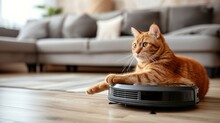 Funny Cat Sitting On The Robot In The Living Room At Home With Sofa. Rides The Cleaner On Wooden Floor. Ginger Cat, Watches The Robot With A Vacuum Cleaner, Touches It With Its Paw, Runs After Robot