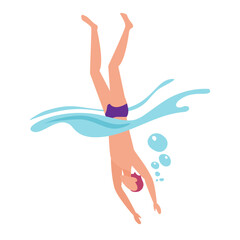 Man in swimsuit jumping into water, swimmer diving underwater in air bubbles vector illustration